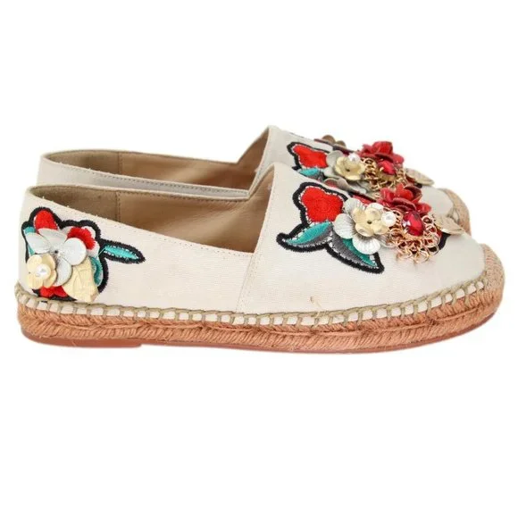 Dolce&Gabbana Pearl Espadrille 39 Floral Embellished Fabric Flats DG-0525N-0218